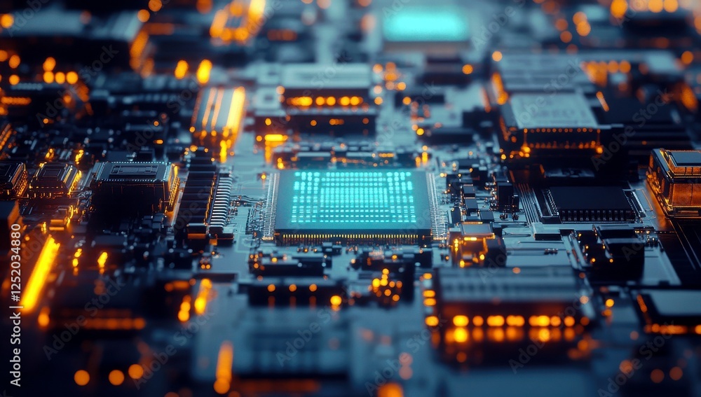 Poster abstract close-up view of a modern computer circuit board with glowing components and intricate elec