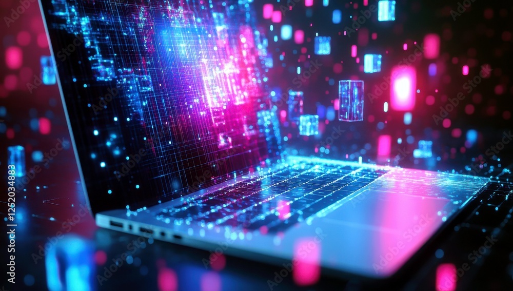 Poster futuristic digital data flow with colorful particles emerging from an open laptop on a dark backgrou