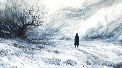 A solitary figure walks through a stormy, windswept landscape. Windswept Desolation. Illustration