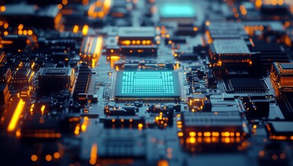 Fototapeta premium Abstract close-up view of a modern computer circuit board with glowing components and intricate electronic connections showcasing technology and innovation