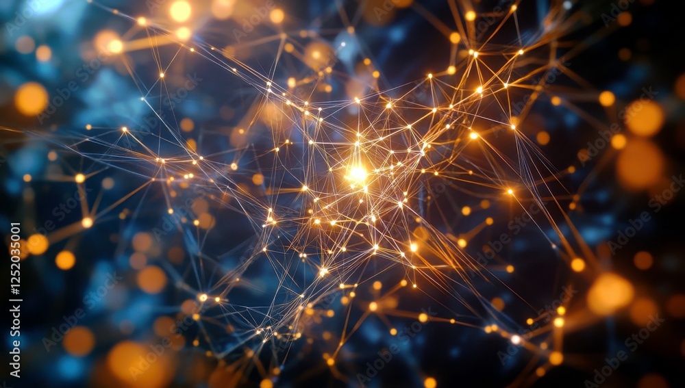 Poster abstract illustration of a glowing network of interconnected lines and nodes representing digital te