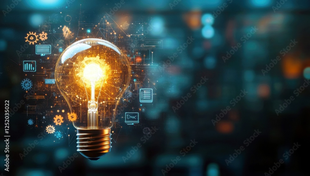 Poster bright idea symbolizing innovation and creativity with light bulb and digital elements in modern tec