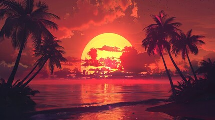 A breathtaking sunset over an ocean with silhouettes of palm trees.