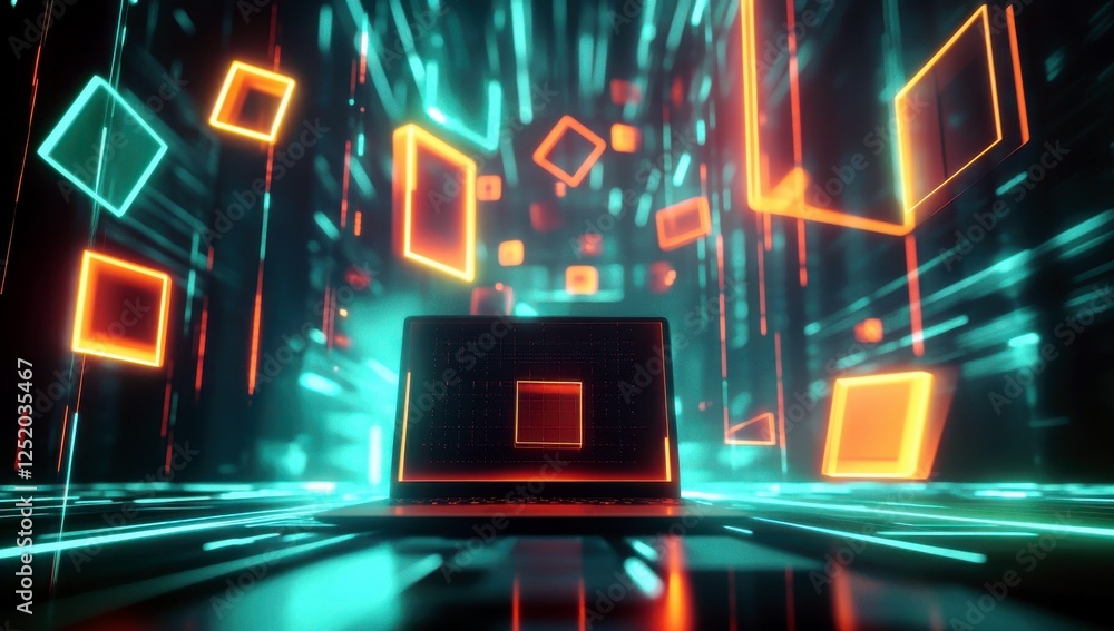 Poster vibrant digital landscape with abstract geometric shapes illuminating a laptop surrounded by dynamic