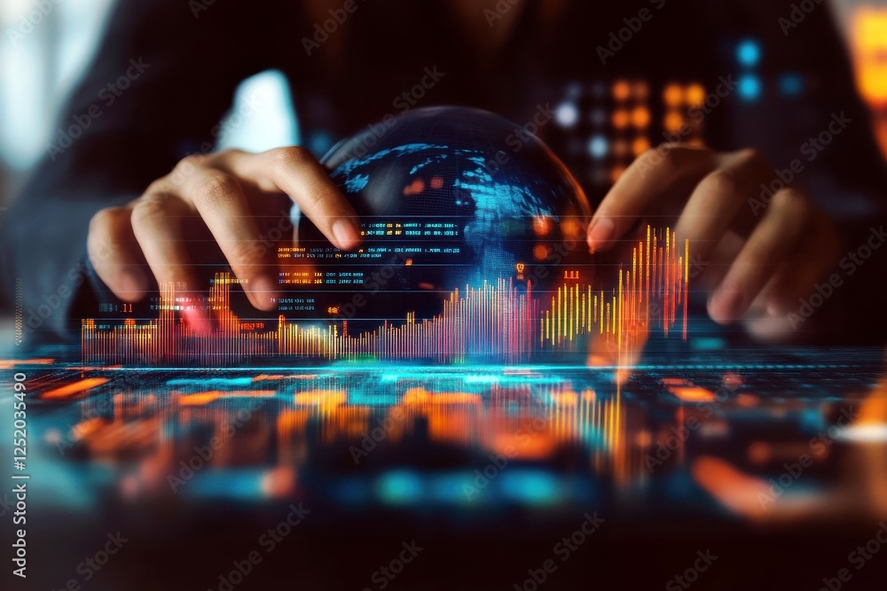 Poster hands holding a transparent globe overlaid with digital data visualizations representing global mark
