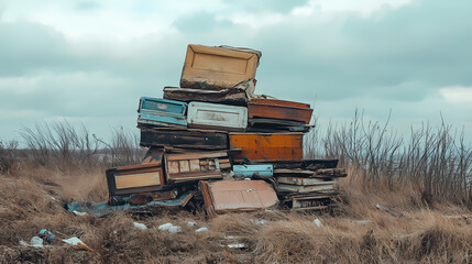 Abandoned belongings: stacked possessions on azov sea beach, ukraine - documentary photography. Windswept Desolation. Illustration