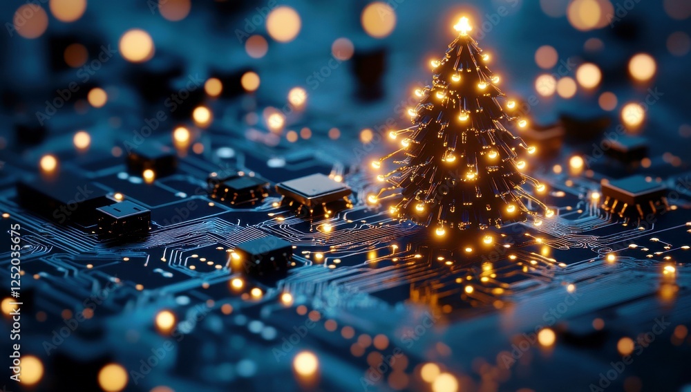 Poster illuminated christmas tree on circuit board with soft lights and sparkling effects in a cozy festive
