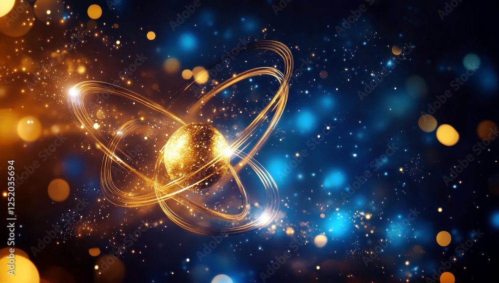 Poster abstract visualization of atomic structure with glowing particles and swirling light against a deep 
