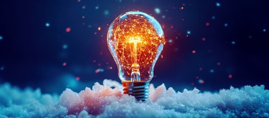 Fototapeta premium Glowing Light Bulb Surrounded by Soft Snowflakes and Sparkling Particles in a Mystical Winter Scene, Symbolizing Innovation and Ideas