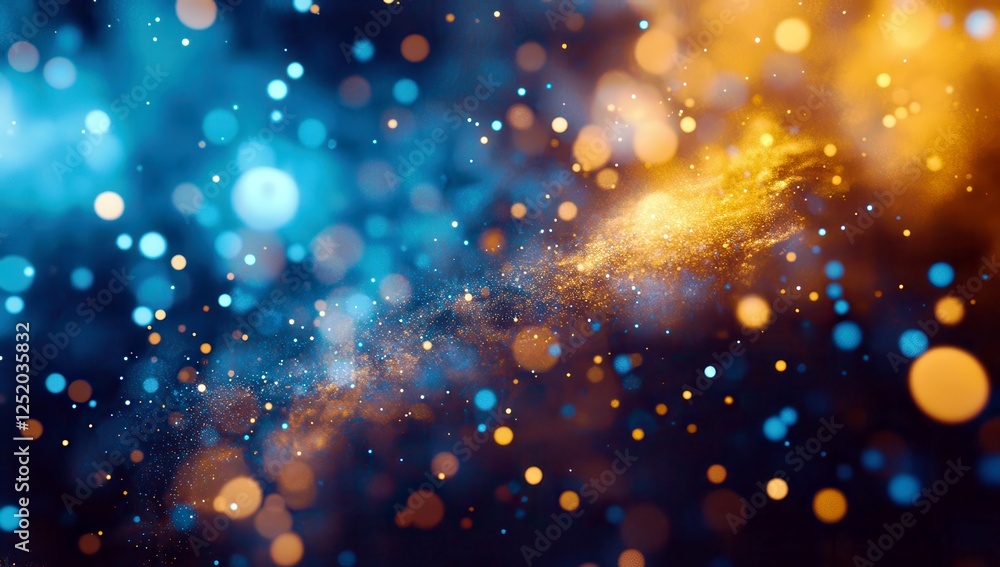 Poster abstract cosmic background featuring luminous particles in vibrant blue and golden colors creating a