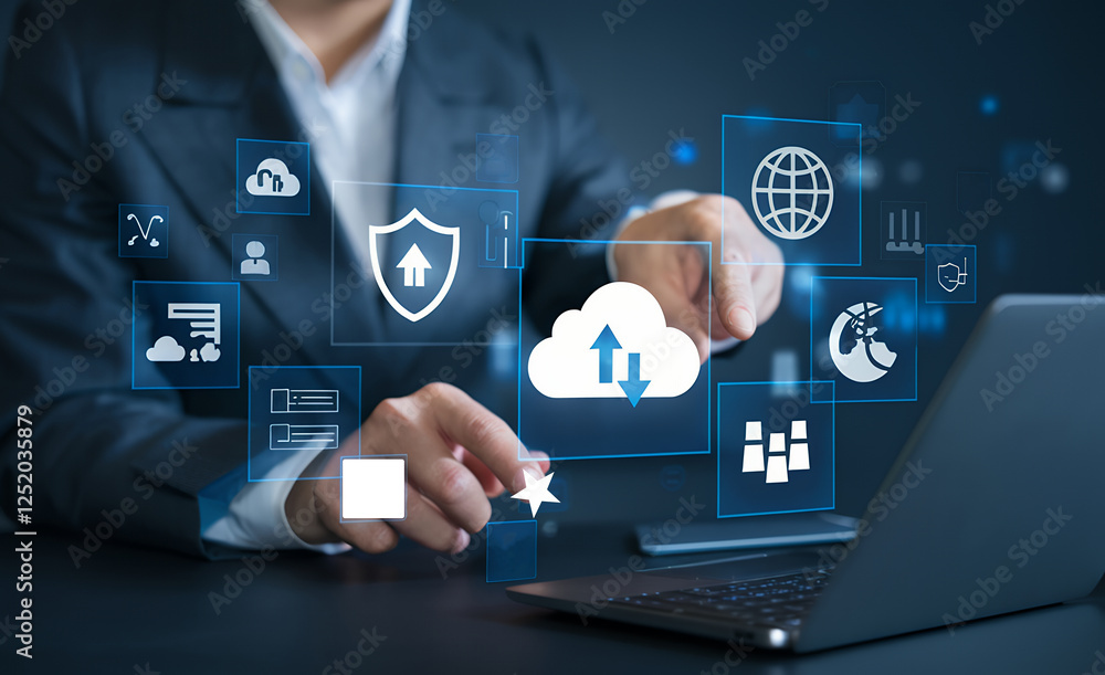 Leinwandbilder Cloud Computing: Secure Data Transfer and Online Storage. Businessman utilizing cloud network for efficient data upload and download. Modern          