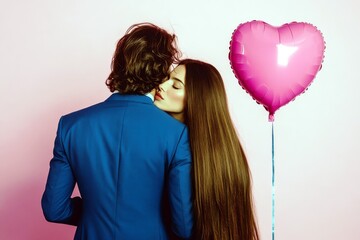 Romantic Couple Embracing with Heart-Shaped Balloon in Soft Colors, Capturing Intimate Moments of Love and Affection for Stock Photo Collections