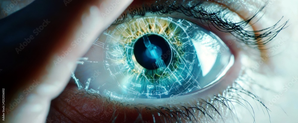 Poster close-up view of an eye featuring digital interface and futuristic visual elements in bright colors 