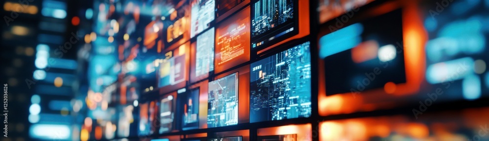 Poster a vibrant display of technology with colorful data visualizations and digital screens in a modern ur
