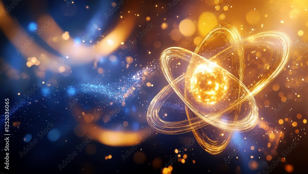 Poster vibrant and dynamic atomic structure with glowing elements and bokeh effects for science and technol