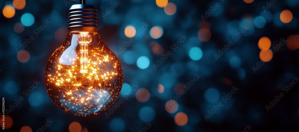 Poster illuminated light bulb with sparkling particles against a soft blue background featuring a beautiful