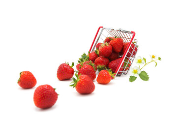 Shopping supermarket basket with fresh organic ripe strawberries whole with leaves and flowers on a...