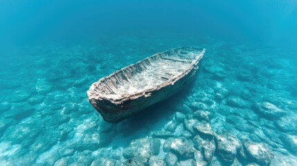 Sunken wooden boat underwater, shallow reef