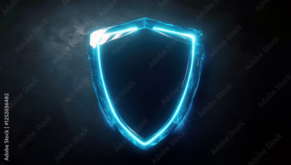 Poster glowing blue shield icon on dark background with futuristic design elements representing protection 