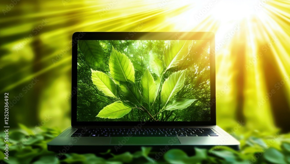 Poster laptop displaying lush green leaves surrounded by natural light in a forest environment with rays of