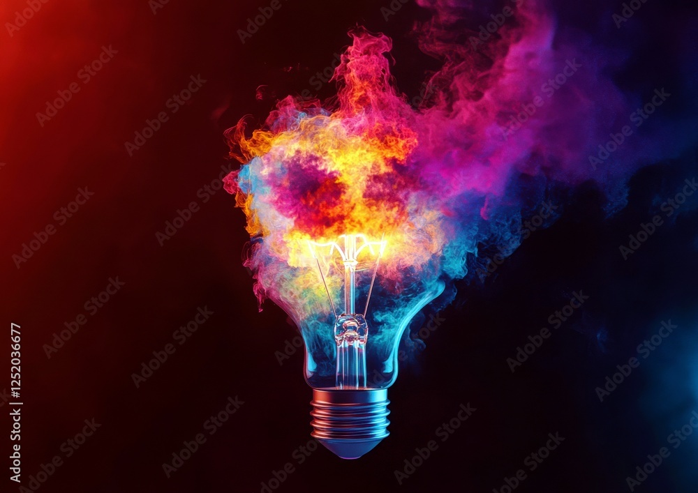 Poster vibrant bulb with colorful smoke explosion in dark background creating an artistic and dynamic atmos