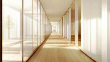 Fototapeta premium Bright and Airy Corridor with Glass Walls and Warm Wood Flooring in Modern Architectural Design for Contemporary Spaces