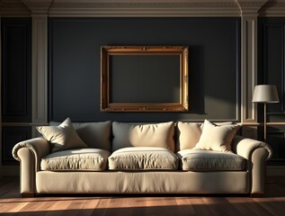 Contemporary sitting room with an empty frame on a dark wall