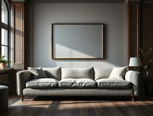 Contemporary sitting room with an empty frame on the wall