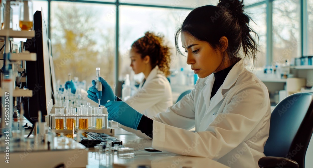Aufkleber female scientist conducting experiments in modern laboratory with test tubes and computer at daytime