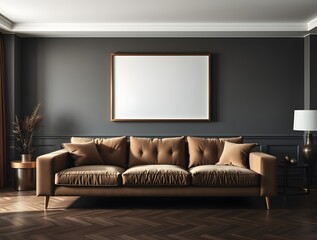 Contemporary sitting room with an empty frame on a dark wall