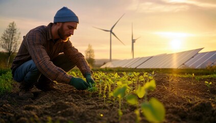 Young man planting seedlings in a sustainable farm with wind turbines and solar panels generating clean energy in the background during sunset