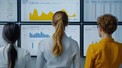 Team analyzing business metrics office environment digital dashboard insights professional setting collaborative review