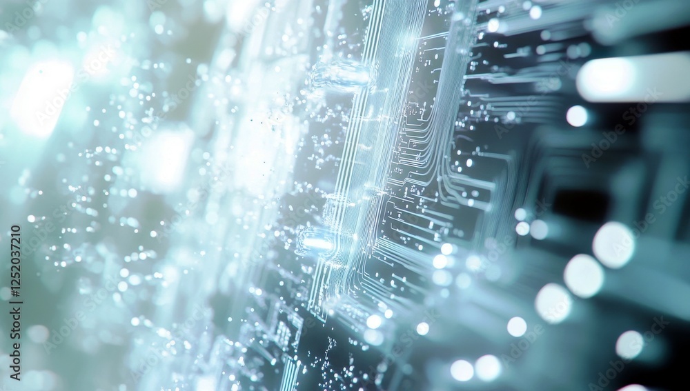 Poster abstract technological background with intricate circuit patterns, glowing light particles, and a fu
