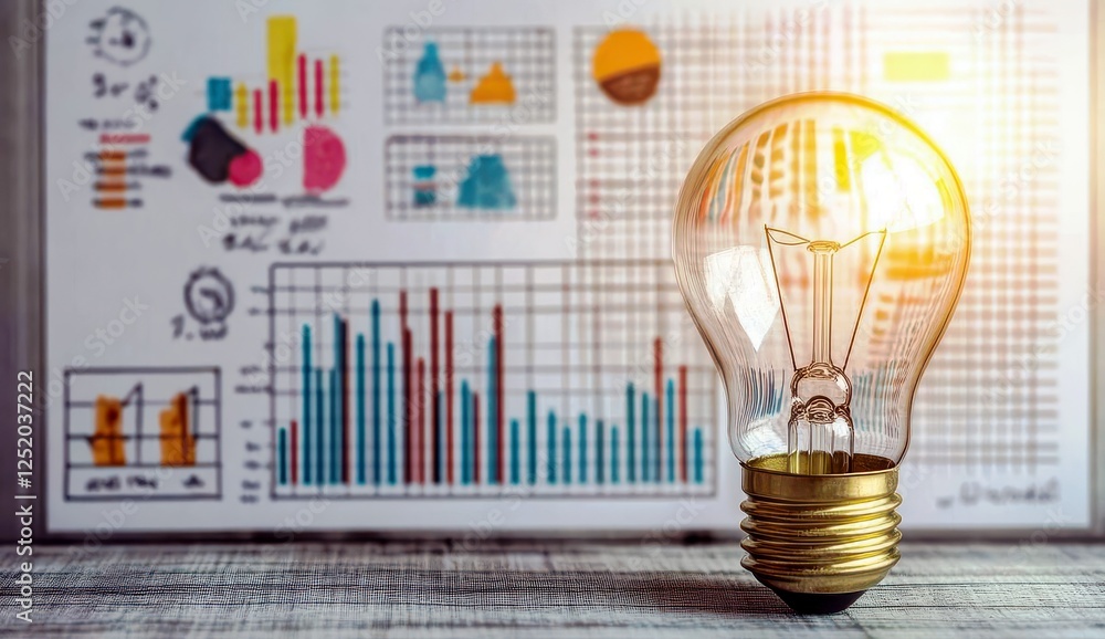 Poster light bulb on wooden table with colorful charts and graphs in background representing creative ideas