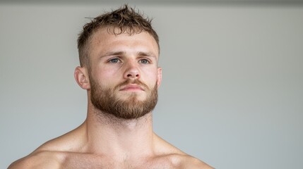 Fototapeta premium Muscular man portrait, neutral expression, studio background, fitness model