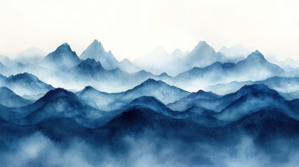 Fototapeta premium Serene watercolor mountains in shades of blue, creating a peaceful landscape.