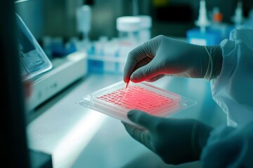 Laboratory technician in white gloves performing pipetting technique into a microplate under laboratory lighting for research purposes
