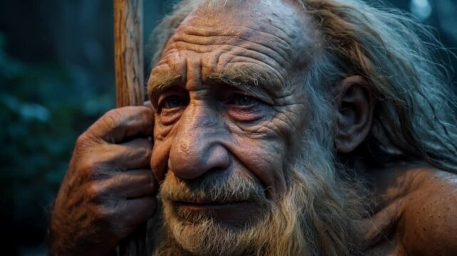 Hyperrealistic depiction of an elderly Neanderthal with deep wrinkles, a long beard, and a wooden staff, set in a prehistoric forest