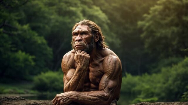 A highly detailed depiction of a Neanderthal man sitting on a rock in a lush prehistoric landscape