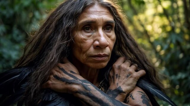 Hyperrealistic representation of a Neanderthal woman with body paint and feathers in a jungle setting