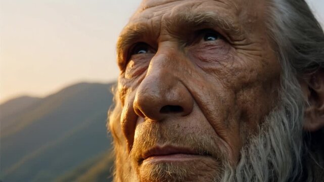 Realistic depiction of an elderly Neanderthal with a beard and a contemplative look in a natural setting