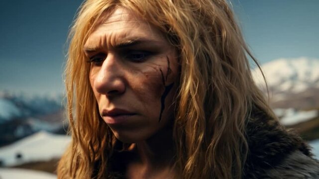 A detailed recreation of a Neanderthal woman with blonde hair, tribal scars, and fur clothing, standing in a snowy prehistoric landscape