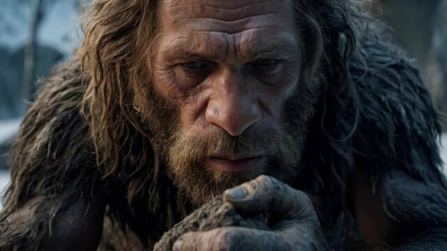 Realistic depiction of a Neanderthal wrapped in furs in a snowy landscape