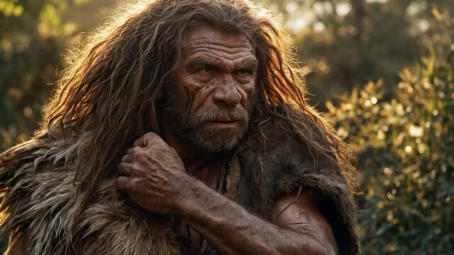 Hyperrealistic recreation of a Neanderthal with long hair and furs, illuminated by sunlight