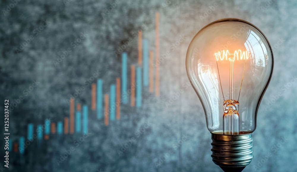 Poster light bulb glowing bright in front of a textured background with rising graph lines representing inn