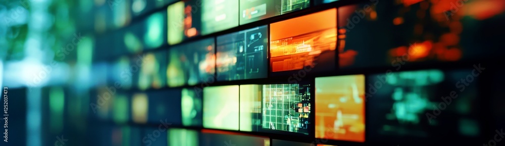Poster abstract futuristic digital display showcasing vibrant screens with colorful graphics and glowing el
