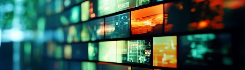 Abstract futuristic digital display showcasing vibrant screens with colorful graphics and glowing elements, representing advanced technology and creativity