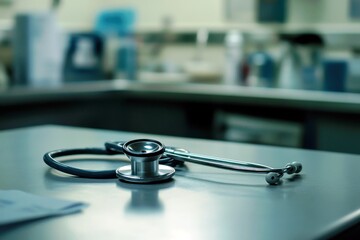 Close-Up of a Stethoscope Resting on a Clinical Table in a Medical Environment with Blurred Equipment in the Background