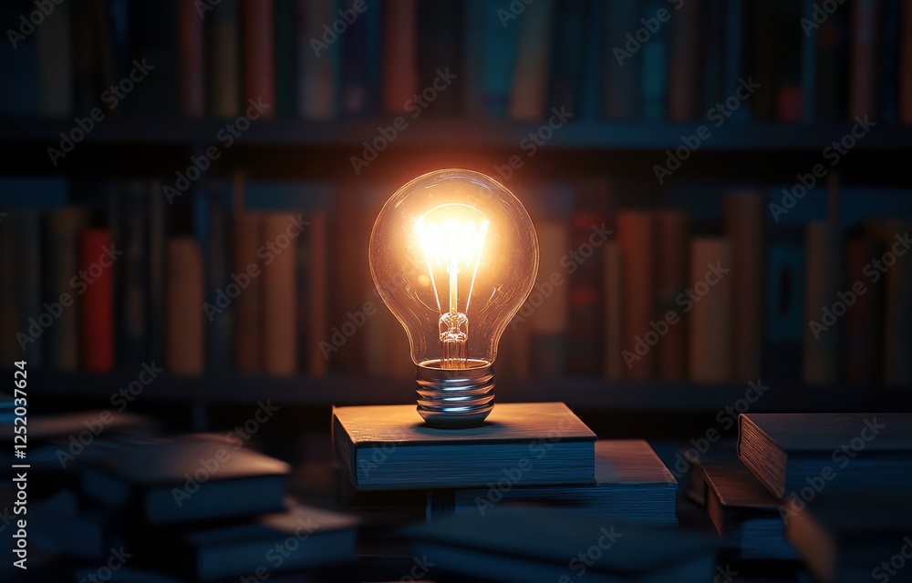 Aufkleber illuminated light bulb on stack of books in a cozy library atmosphere capturing the essence of knowl