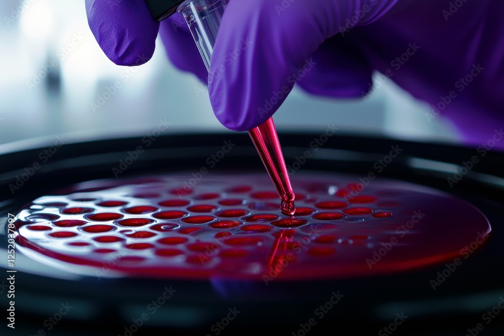 Poster lab technician using pipette to transfer liquid into a petri dish with agar gel, showcasing precisio